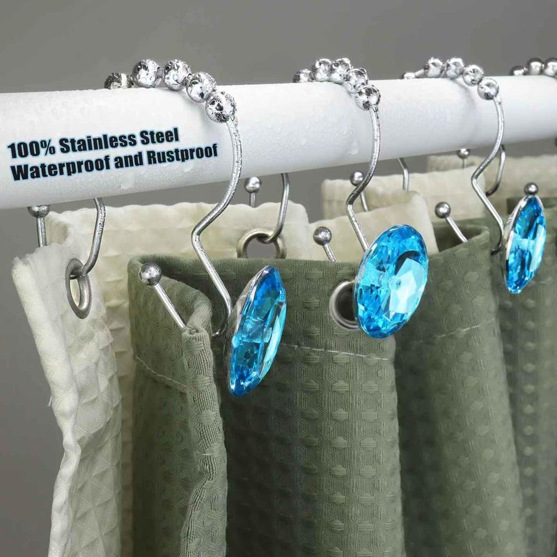 Yapicoco Shower Curtain Hooks Rings for Bathroom, 12PCS Double Hooks Glide Anti Rust Crystal Rhinestones Shower Curtain Rings Hangers for Shower Curtains, Clothing, Towels, etc. (Aqua Blue) - Image 4